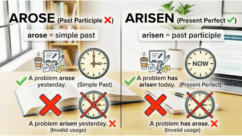 Arose vs arisen showing correct and incorrect grammar examples