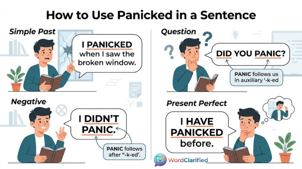 Examples showing how to use panicked in simple past, negative, questions, and present perfect sentences