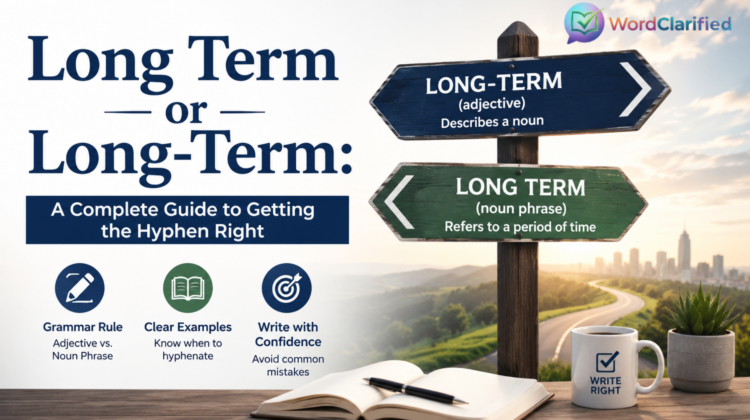 Long term or long-term grammar guide showing when to use the hyphen in compound adjectives and when to write long term as a noun phrase
