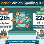 Educational infographic comparing 22th or 22nd, showing 22th marked incorrect with a red cross and 22nd marked correct with a green check. It includes a wrong 22th birthday cake, a 22nd place trophy, and a 22nd floor building, set against a classroom background.