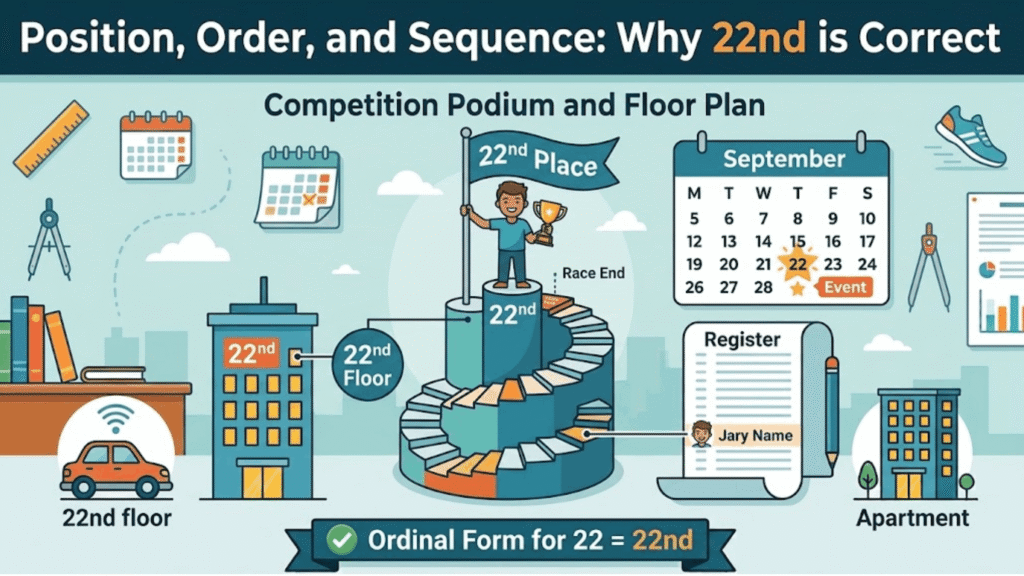 Educational infographic about 22th or 22nd, showing correct uses of 22nd in multiple examples: a competition podium labeled “22nd Place,” a building with “22nd Floor” highlighted, a calendar marked “September 22nd,” and a register showing the 22nd position. Soft classroom-themed icons, including rulers, compasses, and running shoes, appear in the background.