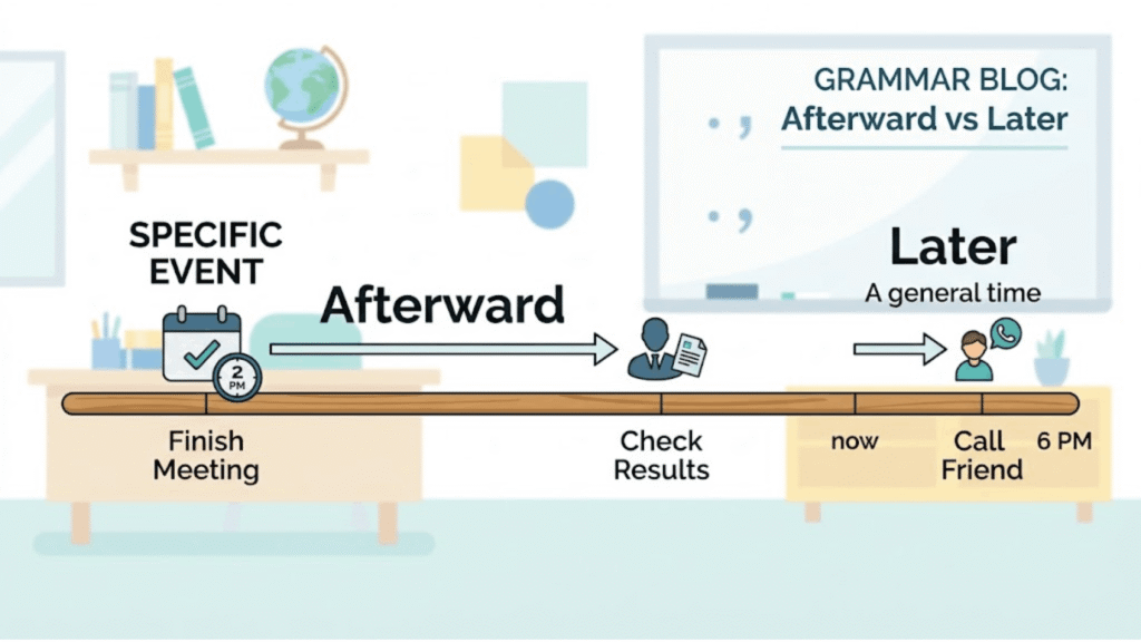 Afterward vs Afterwards vs Later showing the difference between an earlier event and a later time