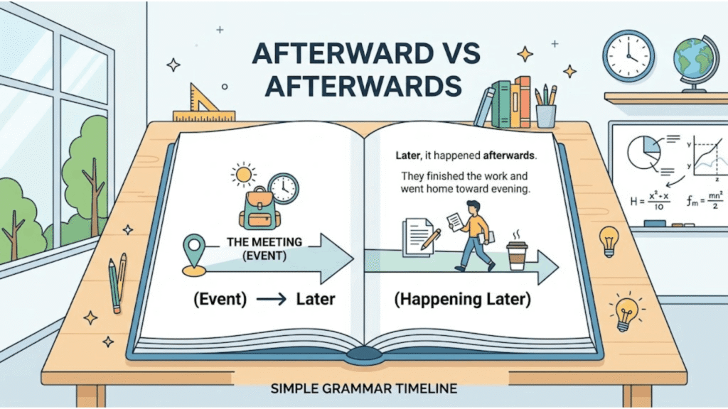 Afterward vs Afterwards English grammar comparison showing American and British English usage