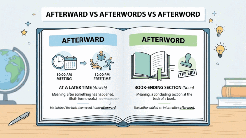 Afterward vs Afterwards vs Afterword showing the difference between later time and a book section