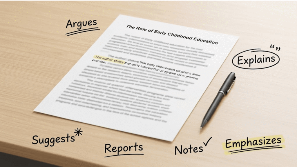Academic research paper with pen showing alternatives to “The Author States”