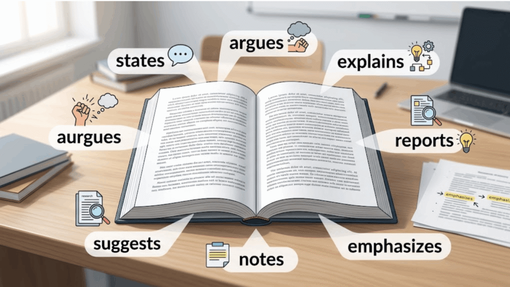 Open academic book with pen and alternative reporting verbs like argues, explains, suggests, reports, notes, and emphasizes