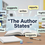 An open academic book on a wooden desk surrounded by reporting verbs like argues, explains, notes, clarifies, and suggests branching out from the main phrase "The Author States" in speech bubbles.