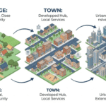 Isometric educational infographic comparing village, town, and city settlement features and infrastructure