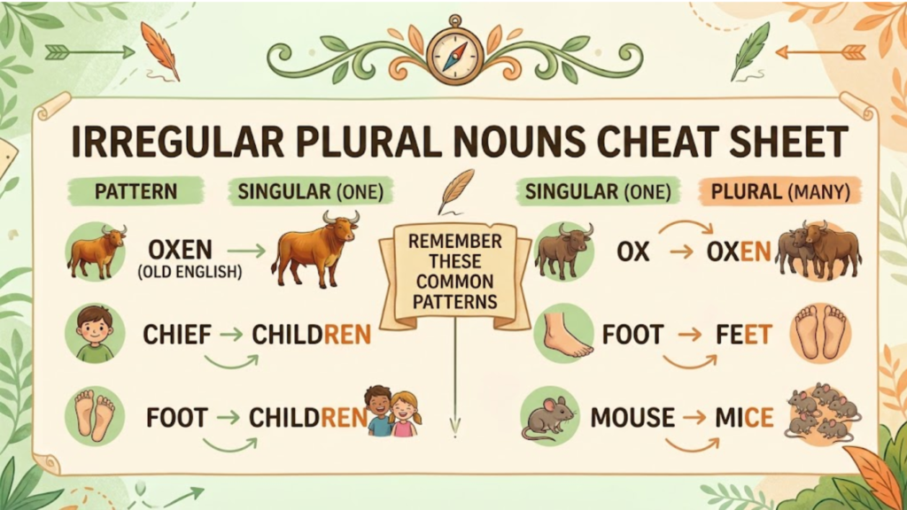 Infographic displaying common irregular English plurals like ox to oxen, child to children, and foot to feet.