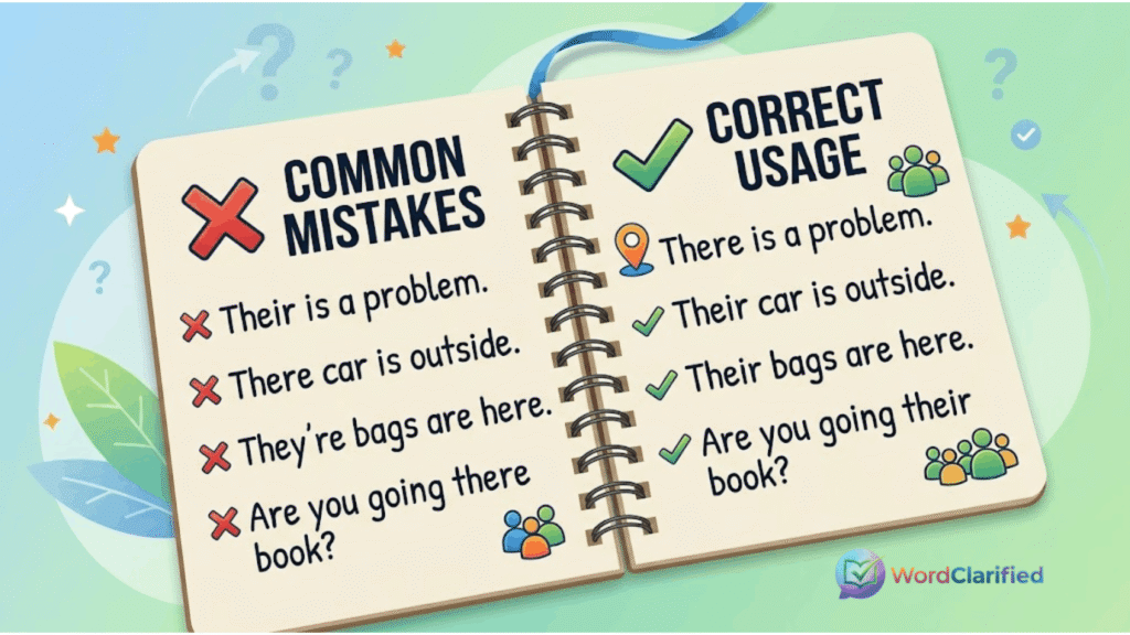 Notebook breakdown showing common mistakes and correct usage for there and their.