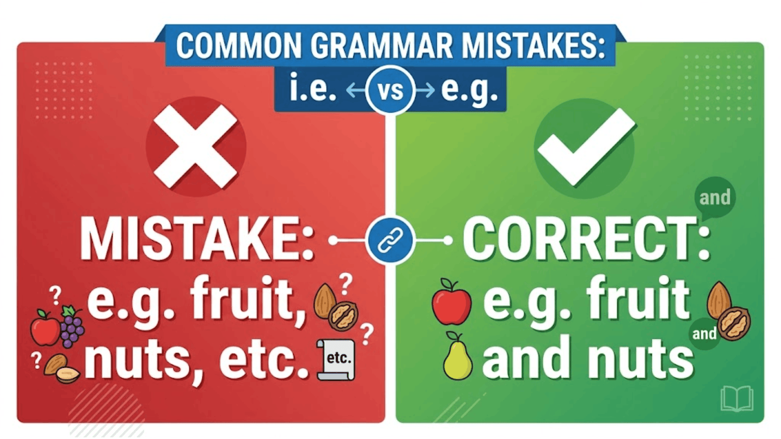 Visual guide showing incorrect vs correct usage of i.e. and e.g. with checkmarks and cross icons.