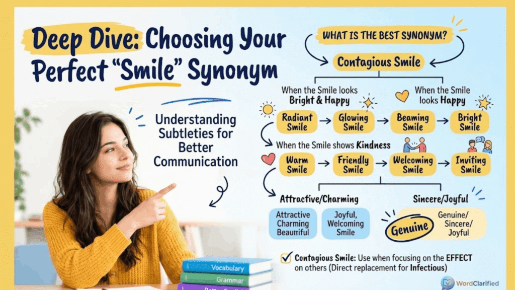 An educational visual chart by WordClarified featuring a woman pointing toward a detailed flowchart that categorizes synonyms for 'Infectious Smile'—such as Radiant, Warm, Charming, and Genuine—based on mood, tone, and kindness.