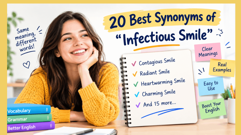 Educational guide showing synonyms for infectious smile with a smiling woman and vocabulary examples