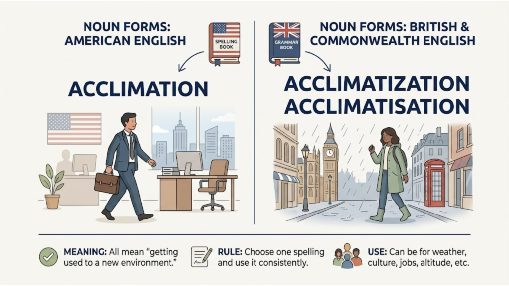 Acclimate noun forms comparison: American 'Acclimation' vs British 'Acclimatization' spelling rules.