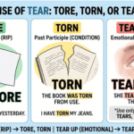 An educational grammar infographic explaining the distinct uses of "tore," "torn," and "teared up" as the past tense forms of "tear." The image is divided into three sections with visual examples: one showing a hand ripping paper (TORE - simple past), one showing a damaged book and jeans (TORN - past participle), and one showing a crying eye (TEARED UP - emotional), alongside specific example sentences to clarify the different meanings.