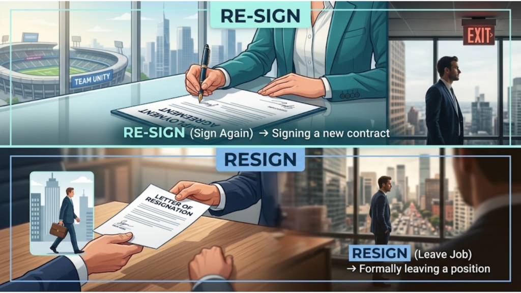 Infographic split graphic explaining the difference between re-signing a contract and resigning from a job position.