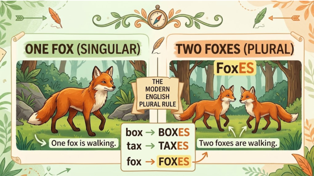 Plural rule: fox becomes foxes, with examples.