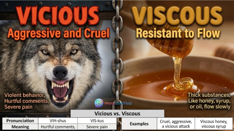 Side-by-side comparison illustrating Vicious vs Viscous with an aggressive snarling wolf on the left and thick golden honey dripping from a spoon on the right