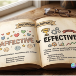 An open book displaying the difference between affective meaning emotions and feelings, and effective meaning results and success.