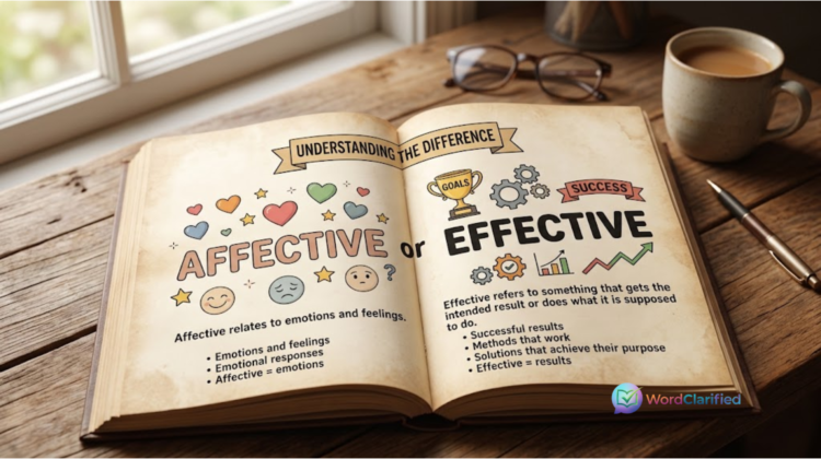An open book displaying the difference between affective meaning emotions and feelings, and effective meaning results and success.