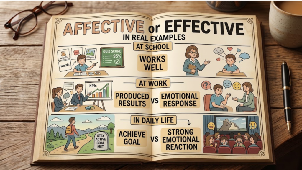 An open book graphic illustrating real-life examples of affective or effective across school, work, and daily life scenarios.