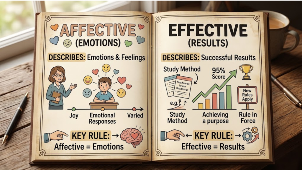 An open book illustrating the key difference between affective vs effective with infographics showing affective means emotions and effective means results.