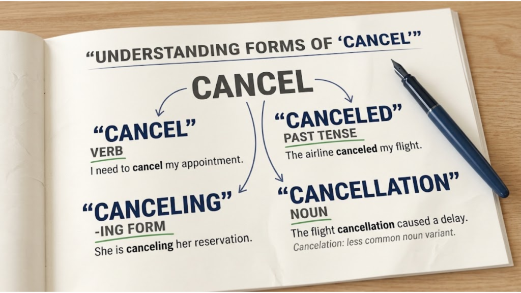 Cancellation, cancelation, canceled, and canceling word forms compared by grammatical use