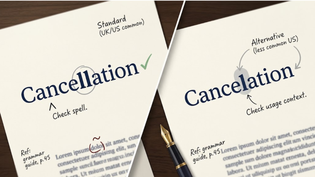 Comparison of cancellation and cancelation spellings showing the difference in usage