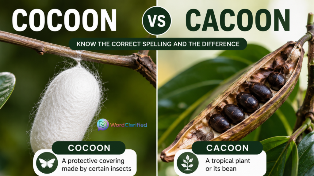 Cocoon vs cacoon showing an insect cocoon and tropical cacoon plant