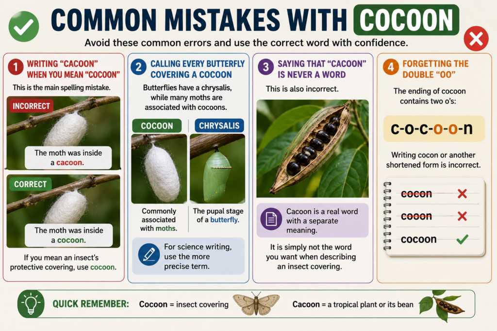 Common mistakes with cocoon including cacoon spelling and chrysalis confusion