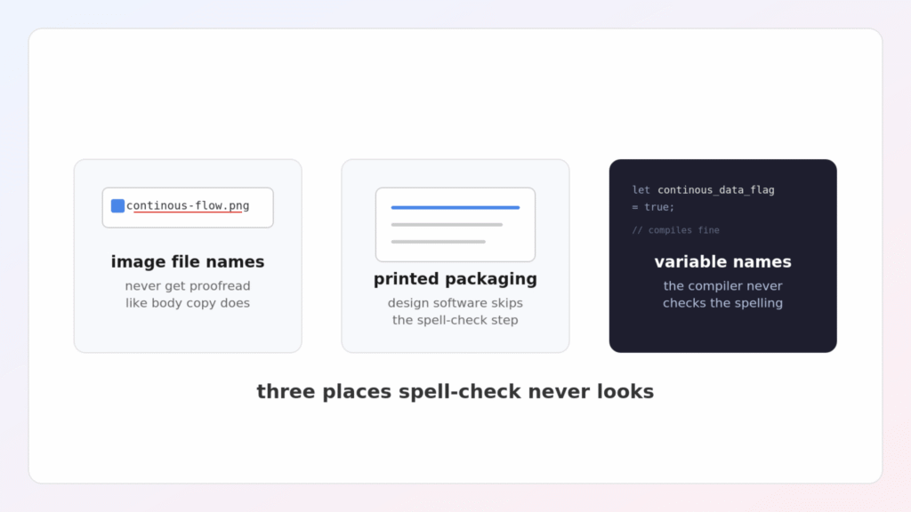 three places the continous typo hides — file names, packaging, and code