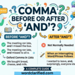 Infographic explaining grammar rules on when to use a comma before or after the word and