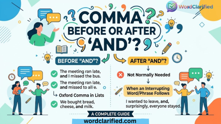 Infographic explaining grammar rules on when to use a comma before or after the word and