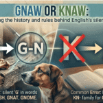 An educational guide graphic clarifying the correct English spelling: GNAW (meaning to chew) versus the incorrect spelling KNAW. The infographic uses a dog looking at a bone to demonstrate the concept of gnawing (correct G-N pattern like gnat and gnome), while contrasting it with an pen and paper representing the incorrect K-N pattern.