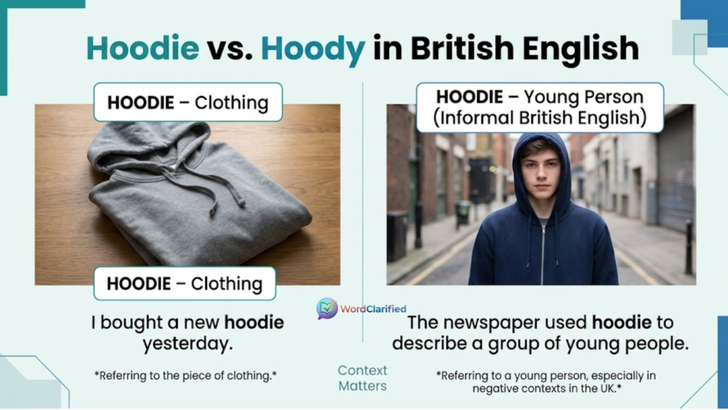 Hoodie in British English showing clothing and informal young person meanings