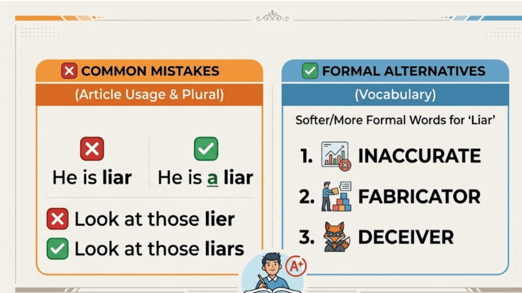 Infographic showing common mistakes with liar and lier and formal vocabulary alternatives