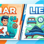 Liar vs Lier visual comparison banner showing dishonesty versus reclining