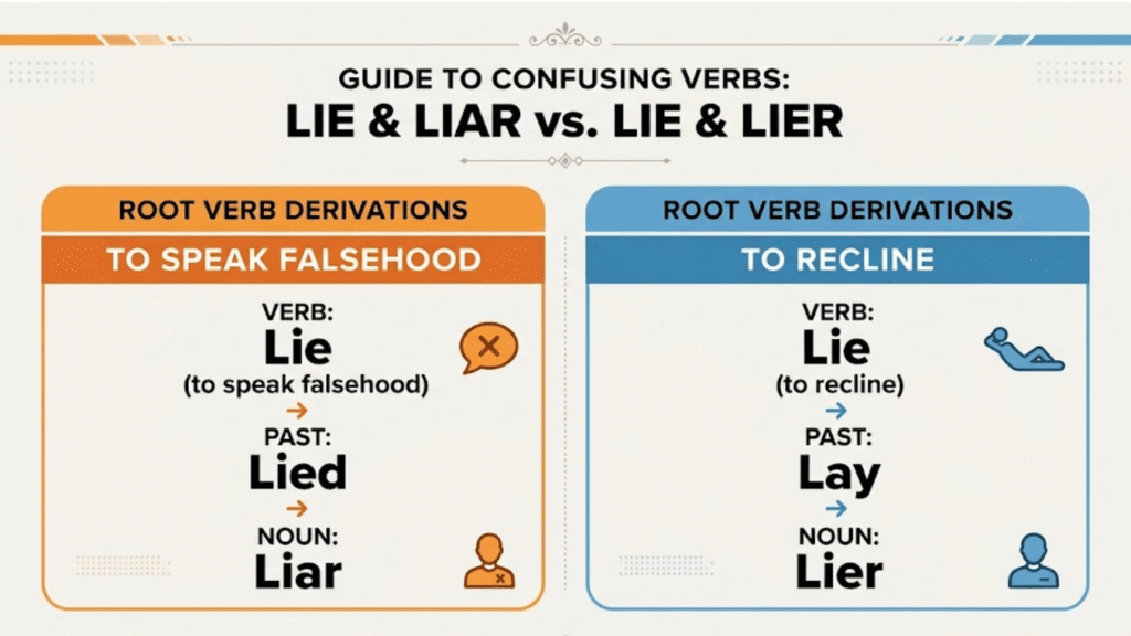 Grammar chart showing the root verb differences between Lie Lied Liar and Lie Lay Lier