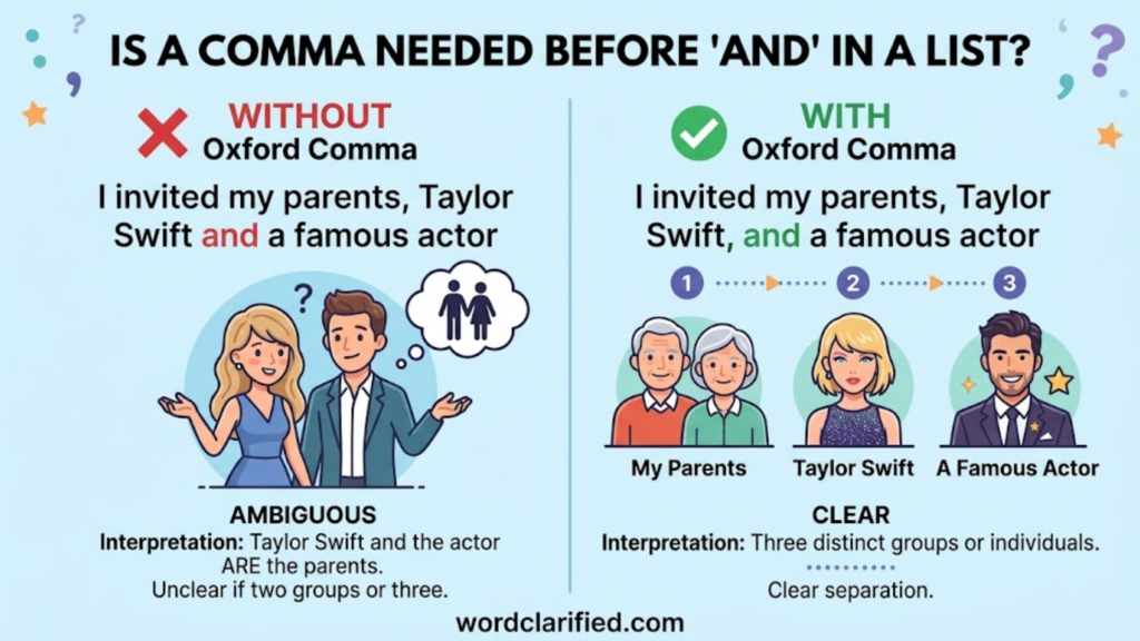 Infographic illustrating the Oxford comma rule with a comparison showing how adding a comma before and clarifies sentence meaning