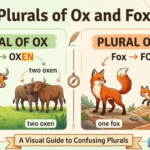 Educational infographic showing plural of ox and fox with animal illustrations.