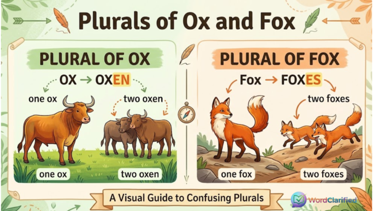 Educational infographic showing plural of ox and fox with animal illustrations.
