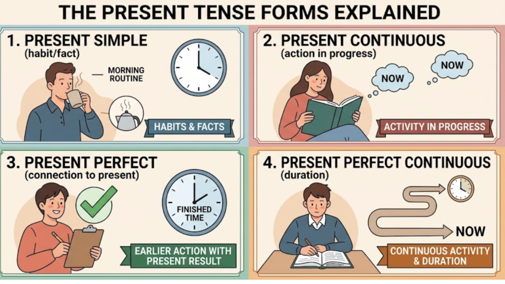 Educational chart breaking down the 4 present tense forms in English with simple illustrations and key usage rules.
