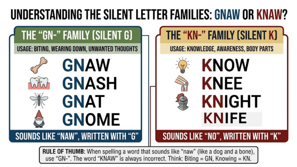 Comparison chart explaining silent letter word families for knaw or gnaw spelling rule, showing GN- words like gnaw, gnash, gnat, and gnome alongside KN- words like know, knee, and knight.