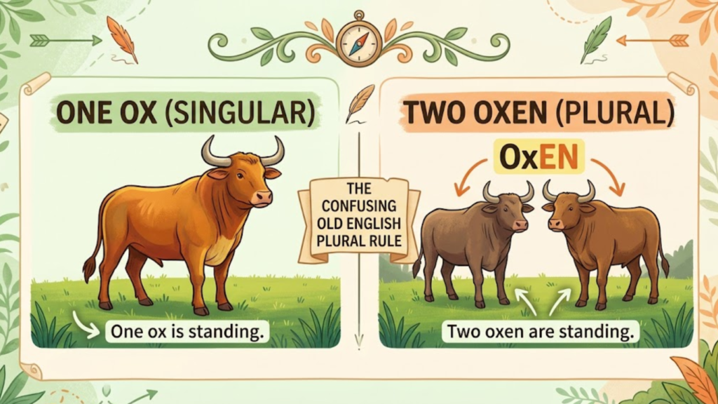 Educational chart for singular ox and plural oxen forms.
