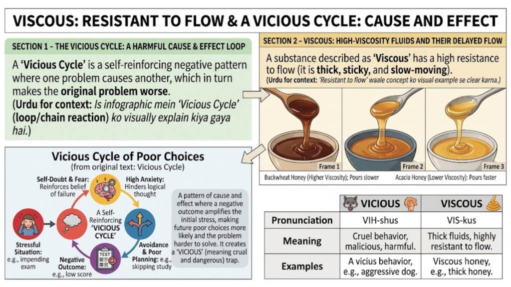 Infographic comparing 'Viscous' fluid flow examples with a diagram explaining a 'Vicious Cycle