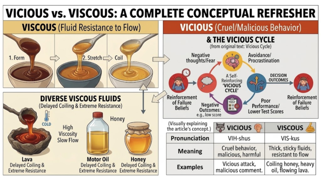 Infographic comparing Vicious and Viscous with examples like flowing honey, motor oil, lava, and a vicious cycle feedback loop diagram.