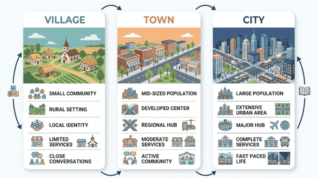 In-article comparison diagram breaking down differences between village, town, and city