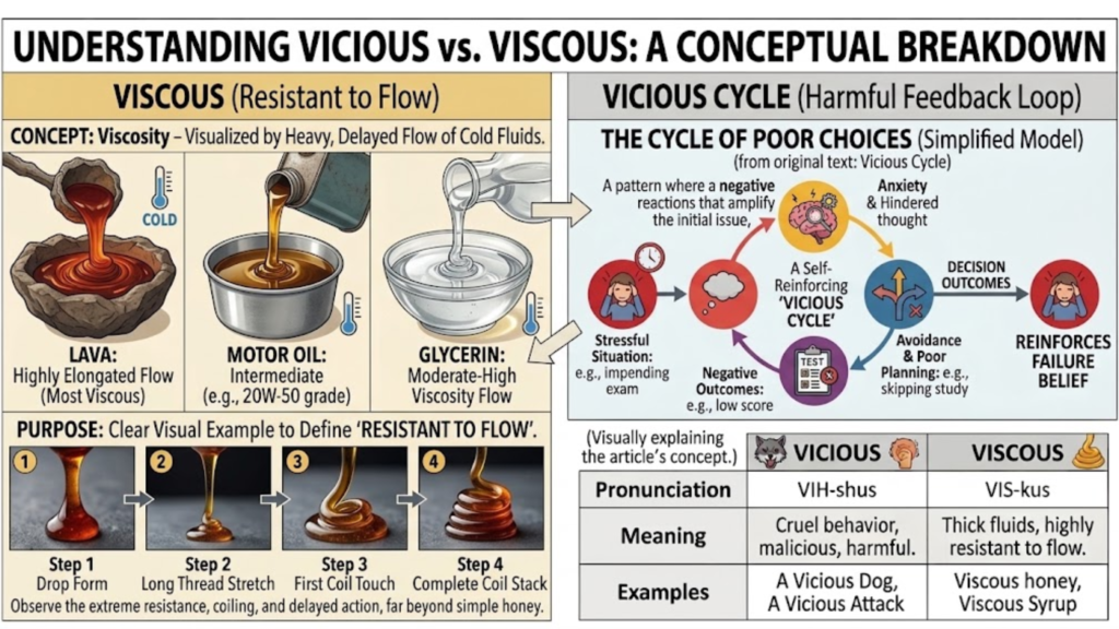 Diagram demonstrating viscous fluids like lava and motor oil showing resistance to flow.