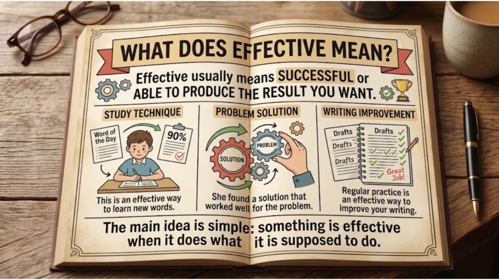 An open book graphic explaining what does effective mean in the context of affective or effective with illustrations of study techniques and problem solutions.