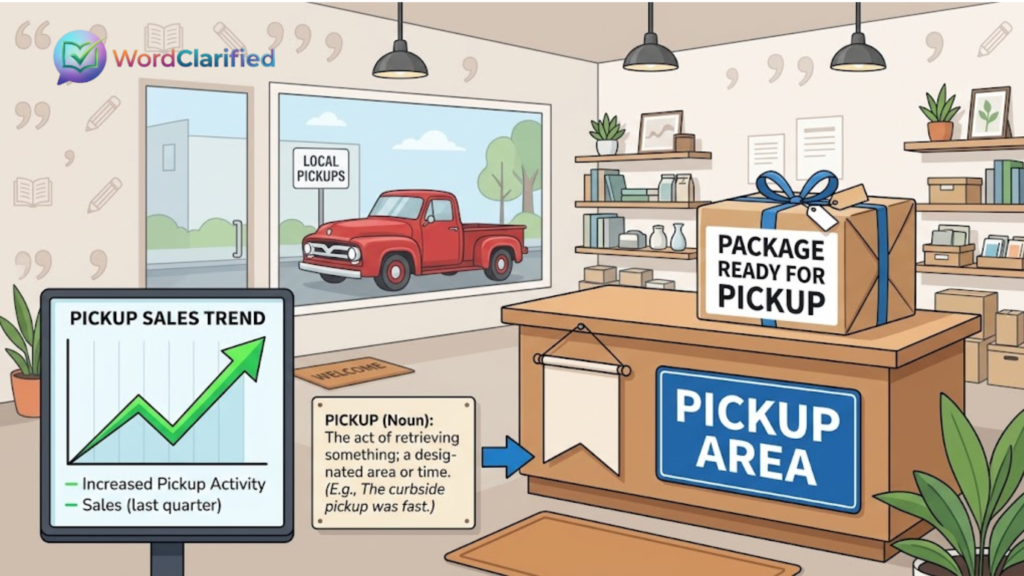 Pickup used as a noun for package collection and a pickup truck